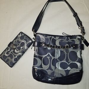 Coach Handbag with matching wallet Navy and Gray signature Print